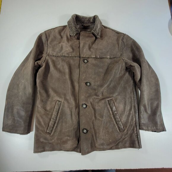 Men's Guess Leather Frontier Sherpa Fleece Lined Jacket Coat Sz Large Brown READ - Picture 1 of 16